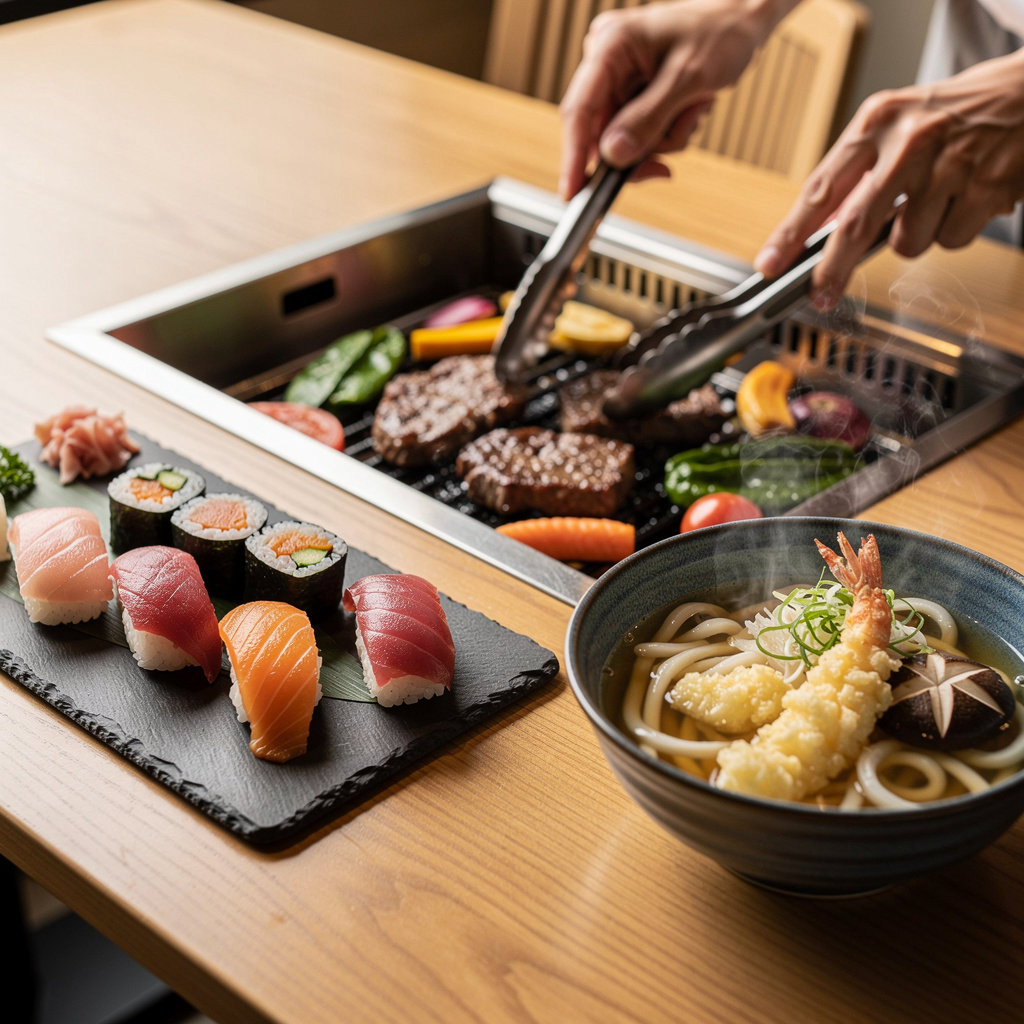 MIZU Asian fusion restaurant in San Diego showcasing a beautiful platter of sushi, Korean BBQ, and udon noodle soup specialties