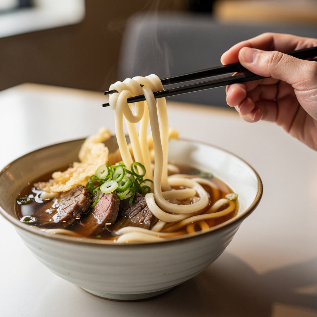 MIZU's signature Tempura Udon noodle soup with thick noodles, savory broth, and crispy shrimp tempura in San Diego